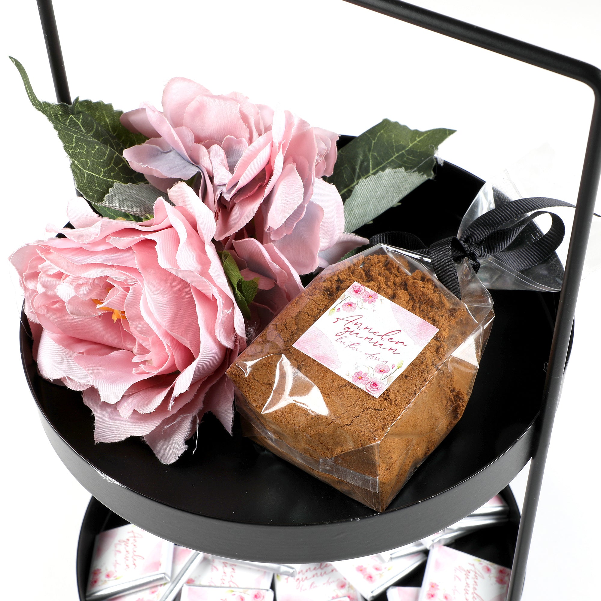 Mother's Day Gift Set - Double Layer Black Tray Madlen Chocolate And Coffee - Pink