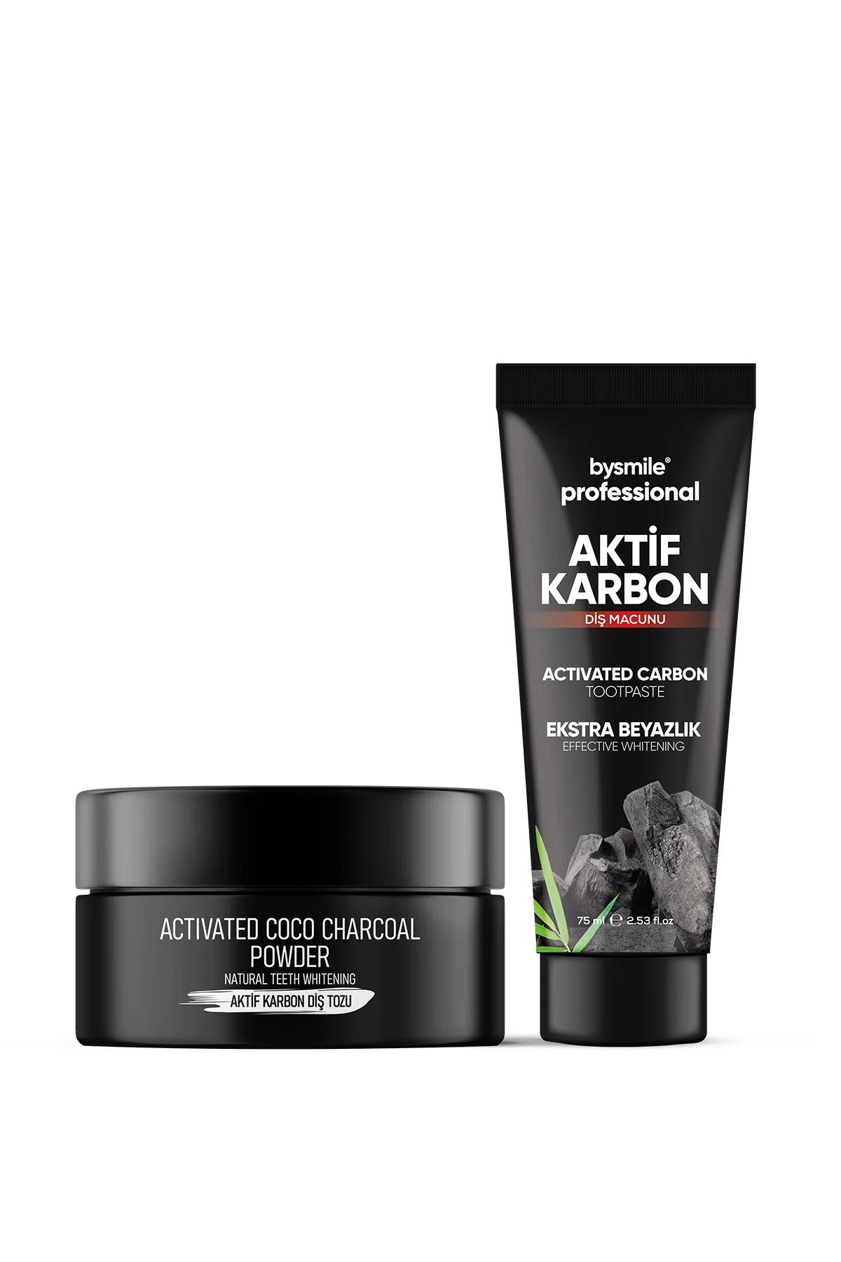 طقم تبييض الأسنان الاحترافي من بي سمايل – معجون أسنان ومسحوق تنظيف بالفحم النشط