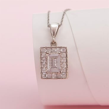 925 silver rectangular womens necklace studded with rhodium and zircon stones